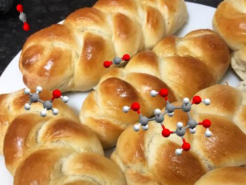 Freshly baked sweet rolls, together with structures of ethanol, carbon dioxide and glucose.